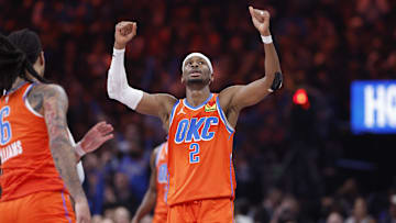 Nov 26, 2025; Oklahoma City, Oklahoma, USA; Oklahoma City Thunder guard Shai Gilgeous-Alexander (2) celebrates after scoring against the Minnesota Timberwolves during the second half at Paycom Center. Mandatory Credit: Alonzo Adams-Imagn Images