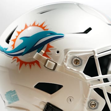Jul 20, 2021; Miami Gardens, FL, USA; A general view of a Miami Dolphins helmet in the locker room during the grand opening at Baptist Health Training Complex. Mandatory Credit: Jasen Vinlove-Imagn Images