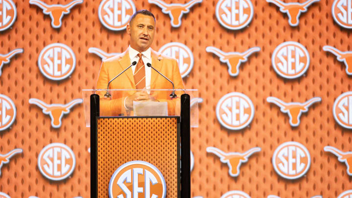 Jul 17, 2024; Dallas, TX, USA; Texas head coach Steve Sarkisian speaking at Omni Dallas Hotel. Mandatory Credit: Brett Patzke-USA TODAY Sports