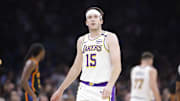 Apr 6, 2025; Oklahoma City, Oklahoma, USA; Los Angeles Lakers guard Austin Reaves (15) looks down court against the Oklahoma City Thunder during the second quarter at Paycom Center. Mandatory Credit: Alonzo Adams-Imagn Images