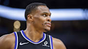 Dec 8, 2025; Indianapolis, Indiana, USA; Sacramento Kings guard Russell Westbrook (18)  in the second half against the Indiana Pacers at Gainbridge Fieldhouse.