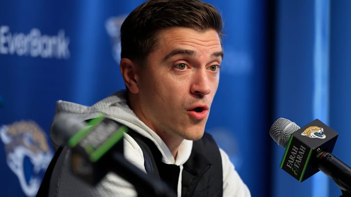 Jacksonville Jaguars general manager James Gladstone speaks during a press conference at the Miller Electric Center, Wednesday, Jan. 14, 2026, in Jacksonville, Fla.