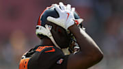 Sep 21, 2025; Cleveland, Ohio, USA; Cleveland Browns wide receiver Jamari Thrash (80) adjusts his helmet during warm ups before the game against the Green Bay Packers at Huntington Bank Field. Mandatory Credit: Scott Galvin-Imagn Images