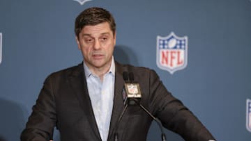 NFL executive vice president, chief of media, and business officer Brian Rolapp speaks to the media in March 2024