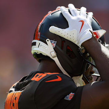 Sep 21, 2025; Cleveland, Ohio, USA; Cleveland Browns wide receiver Jamari Thrash (80) adjusts his helmet during warm ups before the game against the Green Bay Packers at Huntington Bank Field. Mandatory Credit: Scott Galvin-Imagn Images