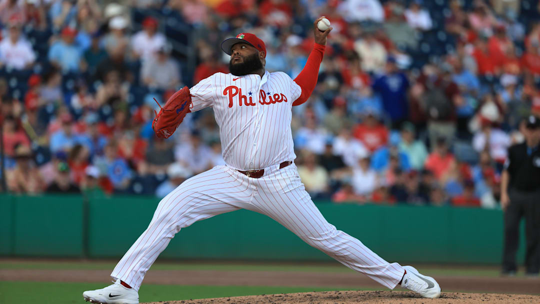 Mar 5, 2026; Clearwater, Florida, USA;  Philadelphia Phillies pitcher Jose Alvarado (46) throws a pitch during the fifth inning against the Boston Red Sox at BayCare Ballpark. Mandatory Credit: Kim Klement Neitzel-Imagn Images