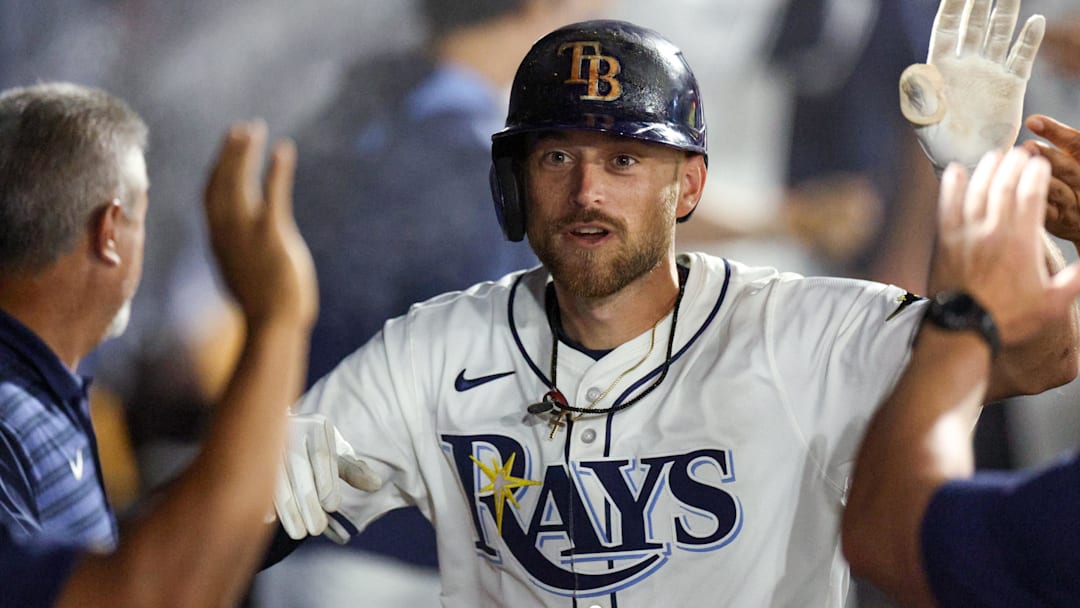 Apr 1, 2025; St. Petersburg, Florida, USA; Tampa Bay Rays second baseman Brandon Lowe (8) celebrates after hitting a two run home run against the Pittsburgh Pirates in the fourth inning at George M. Steinbrenner Field. Apr 1, 2025; St. Petersburg, Florida, USA; Tampa Bay Rays second baseman Brandon Lowe (8) celebrates after hitting a two run home run against the Pittsburgh Pirates in the fourth inning at George M. Steinbrenner Field.