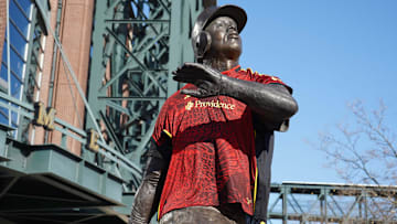 Mar 18, 2023; Seattle, Washington, USA; A statue of Ken Griffey Jr. with a Bruce Lee kit Seattle Sounders FC jersey at T-Mobile Park. Mandatory Credit: Kirby Lee-Imagn Images