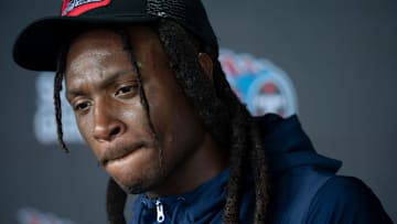 Former Tennessee Titans wide receiver DeAndre Hopkins fields questions from the media on the second day of training camp Thursday, July 25, 2024.