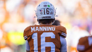 Dec 21, 2024; Austin, Texas, USA; Detailed view of the jersey of Texas Longhorns quarterback Arch Manning (16) against the Clemson Tigers during the CFP National playoff first round at Darrell K Royal-Texas Memorial Stadium. Mandatory Credit: Mark J. Rebilas-Imagn Images