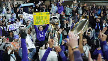 Nov 23, 2024; Kansas City, Missouri, USA;   Orlando Pride fans cheer after defeating the Washington Spirit in the 2024 NWSL Championship match at CPKC Stadium. Mandatory Credit: Jay Biggerstaff-Imagn Images