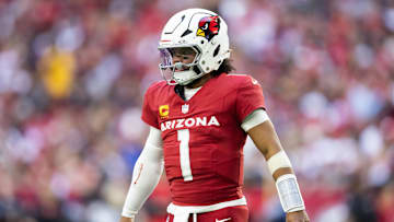Jan 5, 2025; Glendale, Arizona, USA; Arizona Cardinals quarterback Kyler Murray (1) against the San Francisco 49ers at State Farm Stadium.