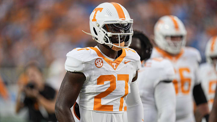 Sep 7, 2024; Charlotte, North Carolina, USA; Tennessee Volunteers defensive lineman James Pearce Jr. (27) during pregame activities against the North Carolina State Wolfpack at the Dukes Mayo Classic at Bank of America Stadium. Mandatory Credit: Jim Dedmon-Imagn Images