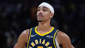 Indiana Pacers guard Andrew Nembhard (2) looks on in the second half against the Charlotte Hornets at Gainbridge Fieldhouse.