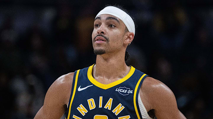 Indiana Pacers guard Andrew Nembhard (2) looks on in the second half against the Charlotte Hornets at Gainbridge Fieldhouse.