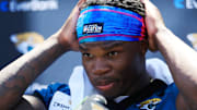 June 11, 2025 : Jacksonville Jaguars wide receiver Travis Hunter at mandatory minicamp at Miller Electric Center.