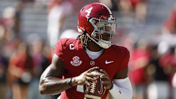 Oct 26, 2024; Tuscaloosa, Alabama, USA;  Alabama Crimson Tide quarterback Jalen Milroe (4) warms up at Bryant-Denny Stadium. Mandatory Credit: Butch Dill-Imagn Images