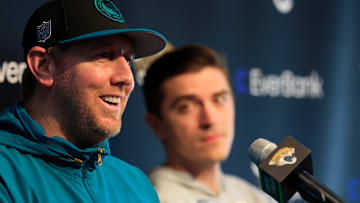 Jacksonville Jaguars head coach Liam Coen, left, speaks next to general manager James Gladstone during a press conference at Miller Electric Center Tuesday, April 15, 2025 in Jacksonville, Fla. 