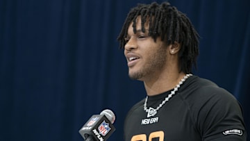 Feb 28, 2025; North Carolina running back Omarion Hampton (RB09) talks to the press during the 2025 NFL Combine.