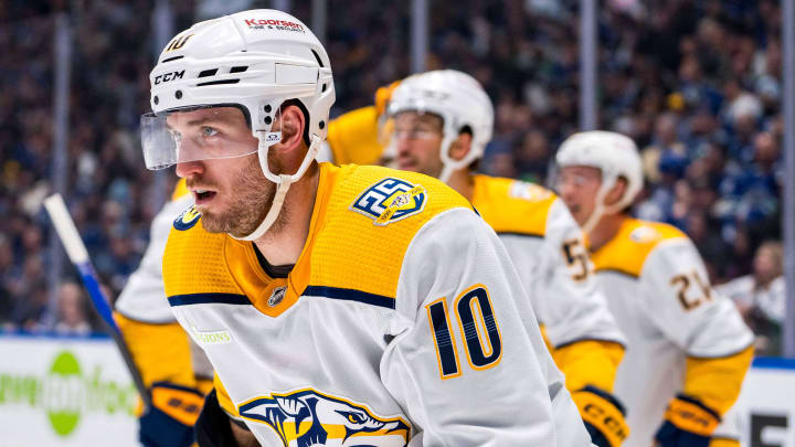 Apr 23, 2024; Vancouver, British Columbia, CAN; Nashville Predators defenseman Ryan McDonagh (27) and defenseman Roman Josi (59) and forward Jason Zucker (16) and forward Colton Sissons (10) celebrate Sissons’ goal against the Vancouver Canucks during the second period in game two of the first round of the 2024 Stanley Cup Playoffs at Rogers Arena. Mandatory Credit: Bob Frid-USA TODAY Sports