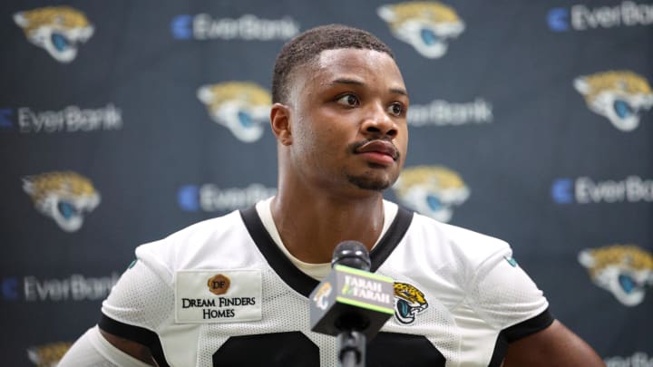 Jul 24, 2024; Jacksonville, FL, USA; Jacksonville Jaguars  cornerback Tyson Campbell (32) participates in training camp at Miller Electric Center. Mandatory Credit: Nathan Ray Seebeck-USA TODAY Sports