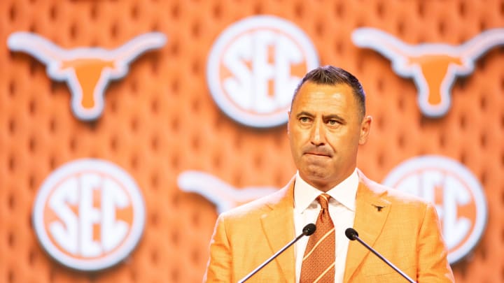 Jul 17, 2024; Dallas, TX, USA; Texas head coach Steve Sarkisian speaking at Omni Dallas Hotel. Mandatory Credit: Brett Patzke-USA TODAY Sports