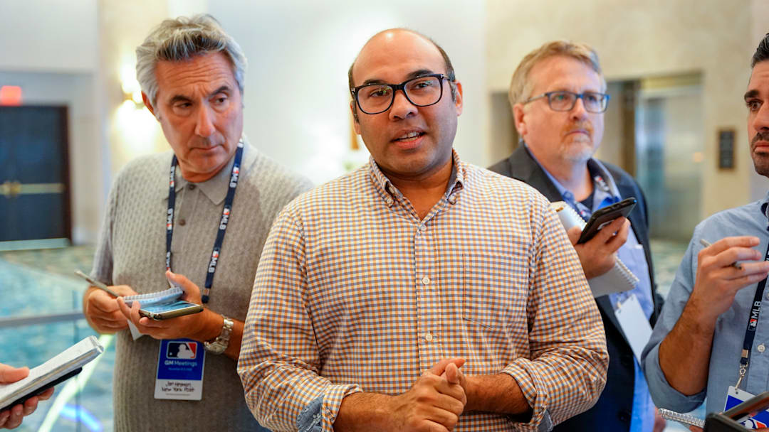 Nov 9, 2022; Las Vegas, NV, USA; San Francisco Giants president of baseball operations Farhan Zaidi answers questions from the media during the MLB GM Meetings at The Conrad Las Vegas. Nov 9, 2022; Las Vegas, NV, USA; San Francisco Giants president of baseball operations Farhan Zaidi answers questions from the media during the MLB GM Meetings at The Conrad Las Vegas.