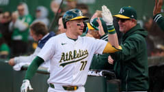 May 4, 2024; Oakland, California, USA; Oakland Athletics infielder Brett Harris (77) celebrates after a home run.