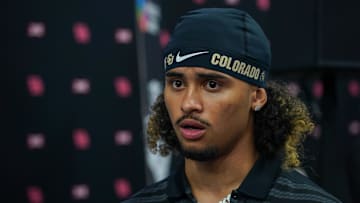 Jul 9, 2025; Frisco, TX, USA; Colorado quarterback Julian Lewis speaks with the media during 2025 Big 12 Football Media Days at The Star.