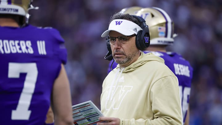 Nov 2, 2024; Seattle, Washington, USA; Washington Huskies head coach Jedd Fisch stands on the sideline during the first quarter against the USC Trojans at Alaska Airlines Field at Husky Stadium. Mandatory Credit: Joe Nicholson-Imagn Images