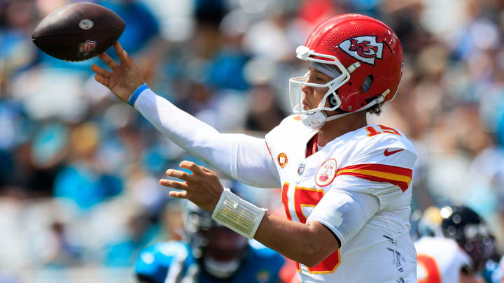 Kansas City Chiefs quarterback Patrick Mahomes (15) passes the ball during the second quarter of a NFL football game Sunday, Sept. 17, 2023 at EverBank Stadium in Jacksonville, Fla. The Kansas City Chiefs defeated the Jacksonville Jaguars 17-9. [Corey Perrine/Florida Times-Union]