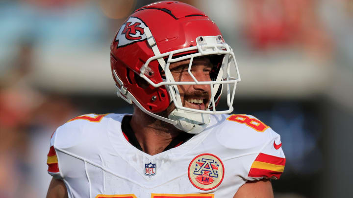 Kansas City Chiefs tight end Travis Kelce (87) smiles before a preseason NFL football game Saturday, Aug. 10, 2024 at EverBank Stadium in Jacksonville, Fla. [Corey Perrine/Florida Times-Union]