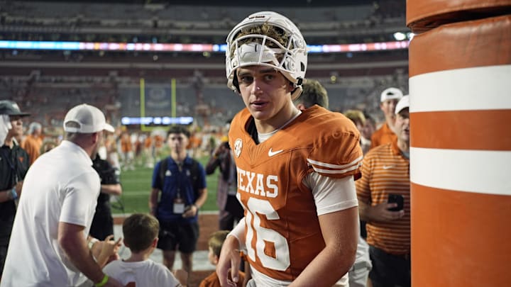 Sep 14, 2024; Austin, Texas, USA; Texas Longhorns quarterback Arch Manning (16) leaves the field after a victory over the Texas-San Antonio Roadrunners at Darrell K Royal-Texas Memorial Stadium. Mandatory Credit: Scott Wachter-Imagn Images