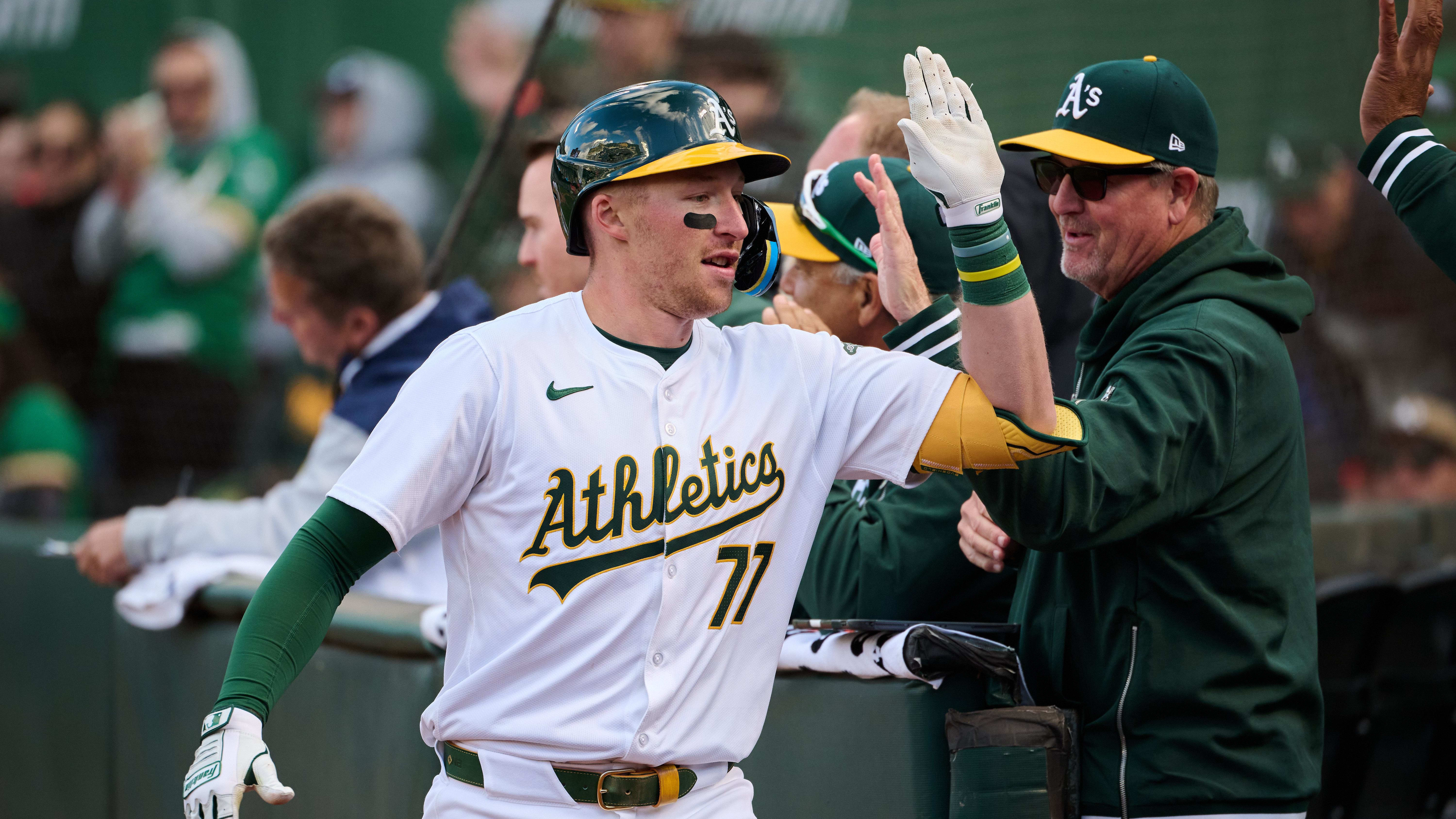 May 4, 2024; Oakland, California, USA; Oakland Athletics infielder Brett Harris (77) celebrates after a home run.