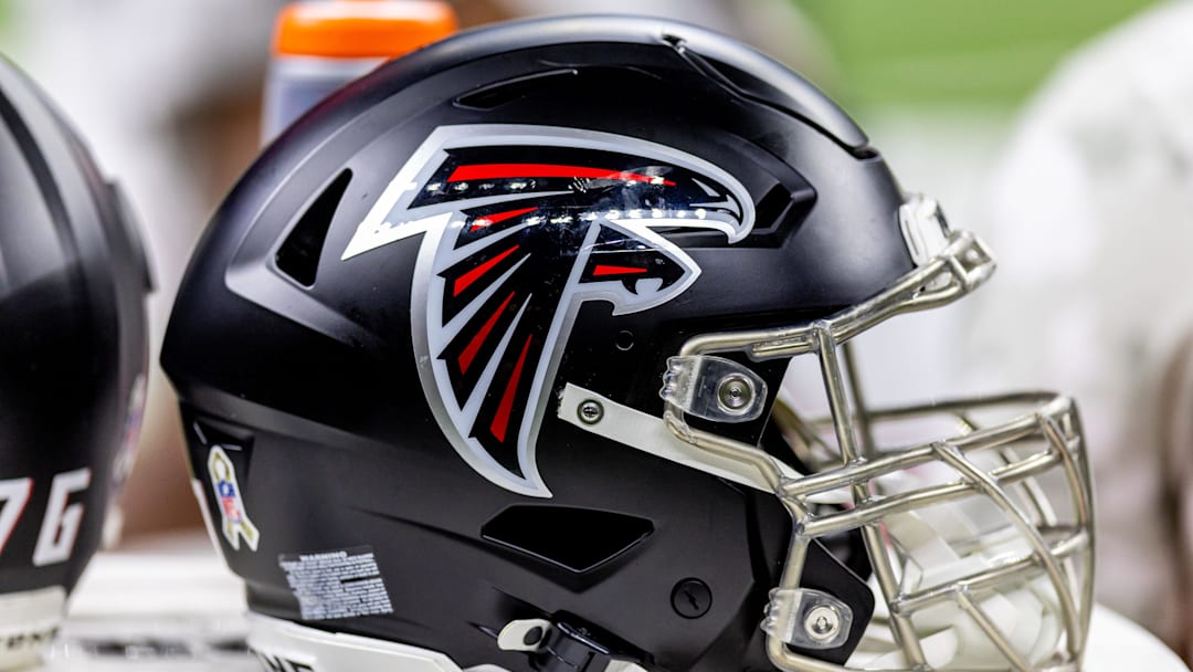 Nov 10, 2024; New Orleans, Louisiana, USA;   Detailed view of the Atlanta Falcons helmet against the New Orleans Saints during the second half at Caesars Superdome. Mandatory Credit: Stephen Lew-Imagn Images