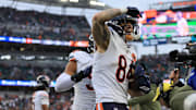 Nov 2, 2025; Cincinnati, Ohio, USA; Chicago Bears tight end Colston Loveland (84) celebrates after scoring a touchdown against the Cincinnati Bengals during the fourth quarter at Paycor Stadium. Mandatory Credit: Joseph Maiorana-Imagn Images