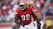 Sep 21, 2023; Santa Clara, California, USA; San Francisco 49ers defensive tackle Javon Hargrave (98) reacts after recording a sack against the New York Giants in the second quarter at Levi's Stadium.