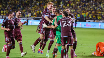 Aug 17, 2024; Carson, California, USA; Colorado Rapids players celebrate a win over Club America in a Leagues Cup quarterfinal match at Dignity Health Sports Park. Mandatory Credit: William Navarro-USA TODAY Sports
