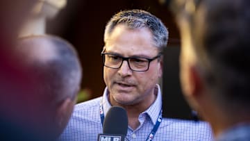 Nov 7, 2023; Scottsdale, AZ, USA; Kansas City Royals general manager J.J. Picollo speaks to the media during the MLB General Manager's Meetings at Omni Scottsdale Resort & Spa. Mandatory Credit: Mark J. Rebilas-Imagn Images