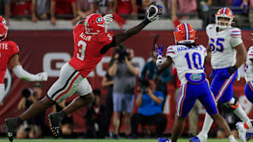 Georgia Bulldogs linebacker CJ Allen breaks up a pass intended for Florida Gators wide receiver Tank Hawkins during the fourth quarter of an NCAA college football matchup.