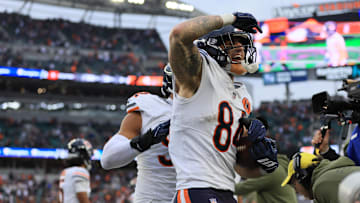 Nov 2, 2025; Cincinnati, Ohio, USA; Chicago Bears tight end Colston Loveland (84) celebrates after scoring a touchdown against the Cincinnati Bengals during the fourth quarter at Paycor Stadium. Mandatory Credit: Joseph Maiorana-Imagn Images