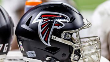 Nov 10, 2024; New Orleans, Louisiana, USA;   Detailed view of the Atlanta Falcons helmet against the New Orleans Saints during the second half at Caesars Superdome. Mandatory Credit: Stephen Lew-Imagn Images