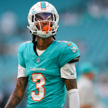 Aug 11, 2023; Miami Gardens, Florida, USA;  Miami Dolphins wide receiver Robbie Chosen (3) warms up before a game against the Atlanta Falcons at Hard Rock Stadium. Mandatory Credit: Nathan Ray Seebeck-Imagn Images