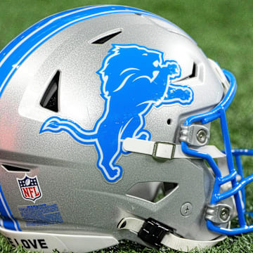 Helmet of Detroit Lions place kicker Jake Bates (not in the photo) before the NFC divisional round between Detroit Lions and Washington Commanders] at Ford Field in Detroit on Saturday, Jan. 18, 2025.