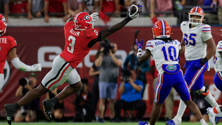 Georgia Bulldogs linebacker CJ Allen breaks up a pass intended for Florida Gators wide receiver Tank Hawkins during the fourth quarter of an NCAA college football matchup. Georgia Bulldogs linebacker CJ Allen breaks up a pass intended for Florida Gators wide receiver Tank Hawkins during the fourth quarter of an NCAA college football matchup.