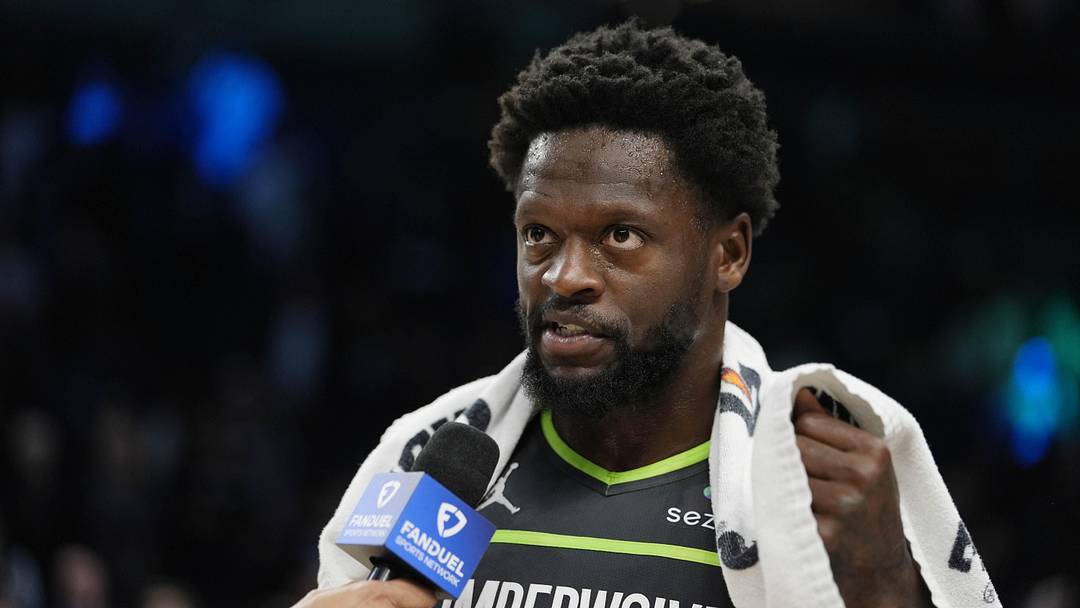 Mar 17, 2026; Minneapolis, Minnesota, USA; Minnesota Timberwolves forward Julius Randle (30) answers questions from a reporter after the game with the Phoenix Suns at Target Center. Mandatory Credit: Bruce Kluckhohn-Imagn Images