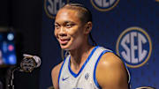 Oct 14, 2025; Birmingham, AL, USA; Kentucky Wildcats guard Jaland Lowe talks with the media during SEC Media Days at Grand Bohemian Hotel. Mandatory Credit: Vasha Hunt-Imagn Images