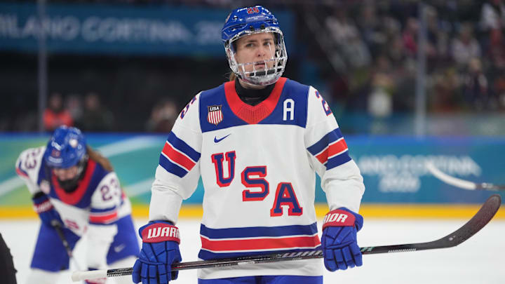 Feb 10, 2026; Milan, Italy; Alex Carpenter (25) of the United States looks on against Canada in women's ice hockey group A play during the Milano Cortina 2026 Olympic Winter Games at Milano Santagiulia Ice Hockey Arena. Mandatory Credit: Amber Searls-Imagn Images