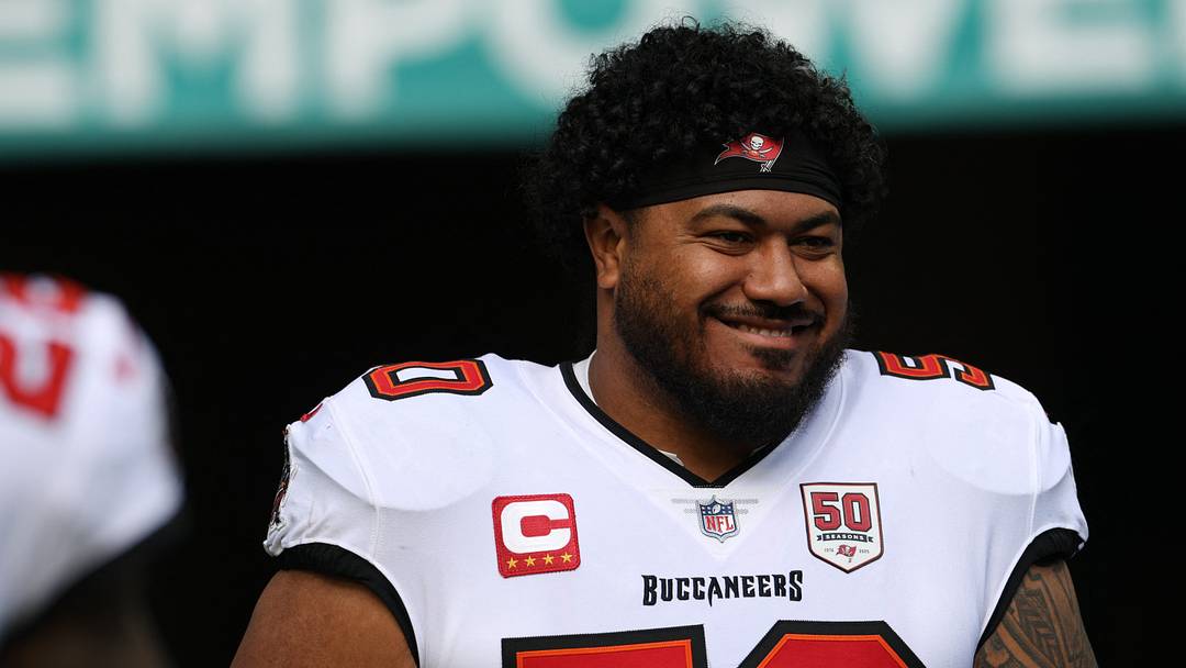 Tampa Bay Buccaneers DT Vita Vea during player introductions prior to a game. Mandatory Credit: Nathan Ray Seebeck-Imagn Images