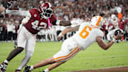 Oct 18, 2025; Tuscaloosa, Alabama, USA;  Alabama linebacker Yhonzae Pierre (42) pressures Tennessee quarterback Joey Aguilar (6) into throwing the ball away in the end zone, resulting in a safety in the second quarter at Saban Field at Bryant-Denny Stadium. Mandatory Credit: Gary Cosby-USA TODAY Network via Imagn Images